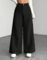 High waist black corduroy wide leg trousers detail view, solid color casual loose pants. - S / Bottoms / Black