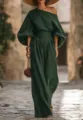 Detailed view of the elegant dark green off-the-shoulder top and wide-leg trousers outfit. - S / Top And Bottom / Army Green