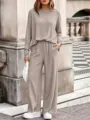 Detailed view of the cozy knit two-piece set in neutral khaki, perfect for casual wear. - S / Top And Bottom (0616) / Khaki