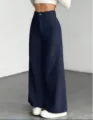 Hoge taille wijde broek van ribfluweel casual effen lange broek voor dames streetwear mode - Marineblauw