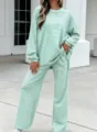 Mint green striped long sleeve knit top and wide leg lounge pants set detail shot. - Mint Green