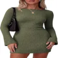 Green ribbed knit long sleeve dress detail showcasing fitted silhouette and cozy texture. - Army Green