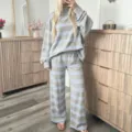 Women striped lounge set casual long sleeve sweatshirt and wide leg pants activewear - S / Top And Bottom / Grey Blue Stripes