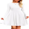 Long sleeve ribbed knit flare dress detail, solid color round neck slim fit casual style. - S / Dresses / White