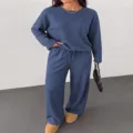 Detailed view of women casual loungewear set long sleeve top and wide leg pants comfort - S / Top And Bottom / Navy Blue