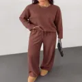 Detailed view of women casual brown knitwear loungewear set long sleeve top and wide leg pants. - Dark Brown