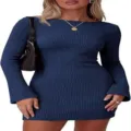 Close-up view of the ribbed knit texture and long sleeve fit showcasing the elegant style. - Dark Blue