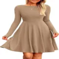 Long sleeve crew neck solid color ribbed flared casual dress for women autumn winter fashion - Khaki