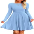 Light blue long sleeve ribbed knit skater dress, round neck casual midi dress for women. - S / Dresses / Light Blue