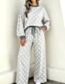 Detail view of women grey polka dot lounge set, crewneck long sleeve top and pants. - S / Top And Bottom / Light Gray