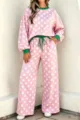 Women pink polka dot long sleeve sweatshirt and pants loungewear casual set with green trim - S / Top And Bottom / Pink
