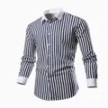 Men's fashion striped long sleeve shirt with contrast white lapel and cuffs for business casual. - S / Tops / Deep Blue White Stripe (XT02-AL3-CXCS-72)