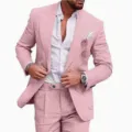 Men linen suit two piece set casual slim fit blazer and trousers for wedding party business events - S / Top And Bottom / Pink (XFTZ-AL3-74)