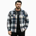 Mens vintage plaid long sleeve lapel shirt casual loose button up cardigan jacket - Blue-White Patchwork Plaid