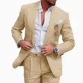 Close-up detail of casual linen suit blazer and trousers, breathable fabric, slim fit cut. - S / Top And Bottom / Khaki (XFTZ-AL3-75)
