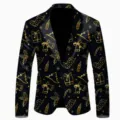 Men's slim fit Christmas blazer black gold printed casual suit jacket party holiday blazer - S / Tops / Black Gold Festive Print