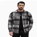 Detailed view of men's casual grey plaid lapel long sleeve shirt featuring dual chest pockets. - Black-White-Grey Plaid
