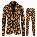 Mens Christmas bell print suit detail view, holiday two piece blazer and trousers set. - S / Top And Bottom - Black Snowflake Bell Style (XFTZ-AL3-95)
