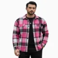 Men's retro plaid lapel long-sleeve casual shirt jacket detail view, pink and black check style. - S / Tops / Pink-Black Patchwork Plaid