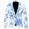 Men's casual blazer jacket with blue snowflake print, stylish single button design for parties. - S / Tops / White Blue Snowflake Print