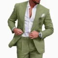 Detailed view of the stylish green linen men's suit jacket and matching slim trousers. - S / Top And Bottom / Green (XFTZ-AL3-76)