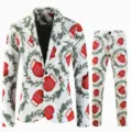 Men's Christmas printed suit jacket and pants two-piece set, festive winter holiday party outfit. - S / Top And Bottom - White Christmas Pine Glove Style (XFTZ-AL3-96)