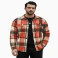 Close-up detail of mens casual retro plaid flannel shirt, long sleeve lapel design. - S / Tops / Red-Brown Patchwork Plaid