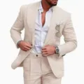Detail shot of men linen suit two piece, casual slim blazer and trousers for wedding. - S / Top And Bottom / Light Beige (XFTZ-AL3-77)