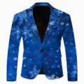 Men's casual blue winter snowflake print blazer slim fit stylish suit jacket for parties. - S / Tops / Blue Snowflake Print