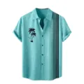Mens casual short sleeve linen look shirt with tropical palm tree print and vertical stripes. - S / Tops / Blue