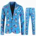 Men christmas digital print suit detail showcasing festive santa and snowflake pattern design - S / Top And Bottom - Blue Santa Snowflake Gift Style (XFTZ-AL3-98)