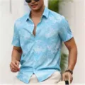 Men's tropical palm leaf print short sleeve button down shirt casual summer beach top - S / Tops / Light Blue