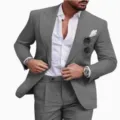 Men linen suit two piece set casual slim fit wedding blazer and trousers in grey. - Gray (XFTZ-AL3-79)