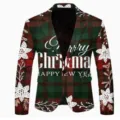Detailed view of men's Christmas plaid blazer jacket with festive floral print design. - Red Green Plaid Holiday Print