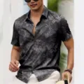 Men's tropical palm leaf print short sleeve button down casual summer beach holiday shirt - S / Tops / Black