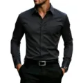 Detailed view of mens long sleeve dress shirt with chest pocket, slim fit solid color top. - S / Tops / Black