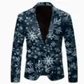 Men's slim fit casual blazer jacket featuring a stylish blue and white winter snowflake pattern print. - Deep Blue Snow Dot Print