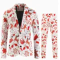 Completo da uomo con stampa natalizia set due pezzi giacca blazer e pantaloni festa - Top And Bottom - Stile Omino di Pan di Zenzero Natalizio Bianco (XFTZ-AL3-100)