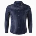 Detailed view of men's navy blue long sleeve button down shirt with classic white vertical stripes. - Deep Blue Vertical Stripe (XT02-AL3-CXCS-79)