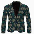 Detail view of men's Christmas snowflake printed slim blazer jacket, festive winter pattern. - Dark Star Snowflake Print