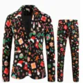Uomo Natale 2 Pezzi Vestito Blazer Pantaloni Festa Festiva Stampa Digitale Abbigliamento - Top And Bottom - Stile Pupazzo di Neve con Stampa Integrale Nero (XFTZ-AL3-101)