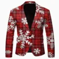 Men Christmas Red Plaid Snowflake Print Suit Jacket Casual Slim Fit Blazer Outerwear - Red Black Plaid Snowflake Print
