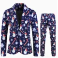 Completo Stampato Natalizio da Uomo Set Due Pezzi Blazer e Pantaloni Dettaglio - Top And Bottom - Stile Bastoncino di Zucchero Fiocco di Neve Pupazzo di Neve Blu (XFTZ-AL3-102)