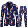 Completo da Uomo con Stampa Natalizia Due Pezzi Blazer e Pantaloni Taglie Forti Festa - Top And Bottom - Stile Pupazzo di Neve Babbo Natale Blu Scuro (XFTZ-AL3-103)