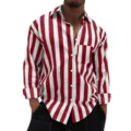 Men red and white vertical striped long sleeve button down shirt casual beach cardigan top. - S / Tops / Red