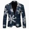Blue plaid blazer detail featuring white snowflake print, notched lapel and single button design. - Blue Plaid Snowflake Print