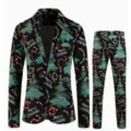 Set di abiti con stampa digitale natalizia da uomo, elegante blazer e pantaloni per festa. - Top And Bottom - Stile Testo Albero di Natale Nero (XFTZ-AL3-104)