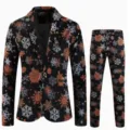 Abito uomo due pezzi con stampa fiocchi di neve invernali blazer e pantaloni festivi - Top And Bottom - Stile Stella di Fiocco di Neve Arancione Nero Bianco (XFTZ-AL3-105)