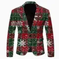 Christmas pattern men's slim fit casual blazer jacket single button holiday suit detail - Red Green Plaid Snowflake Print