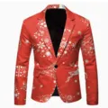 Men's red Christmas print casual blazer slim fit festive holiday suit jacket party wear - Red Christmas Element Print